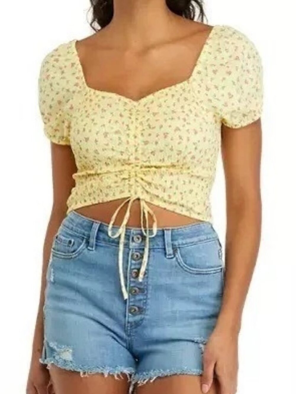 Vanilla Star Women's Cropped Puff Sleeve Top Spring Yellow Floral- MEDIUM- NEW